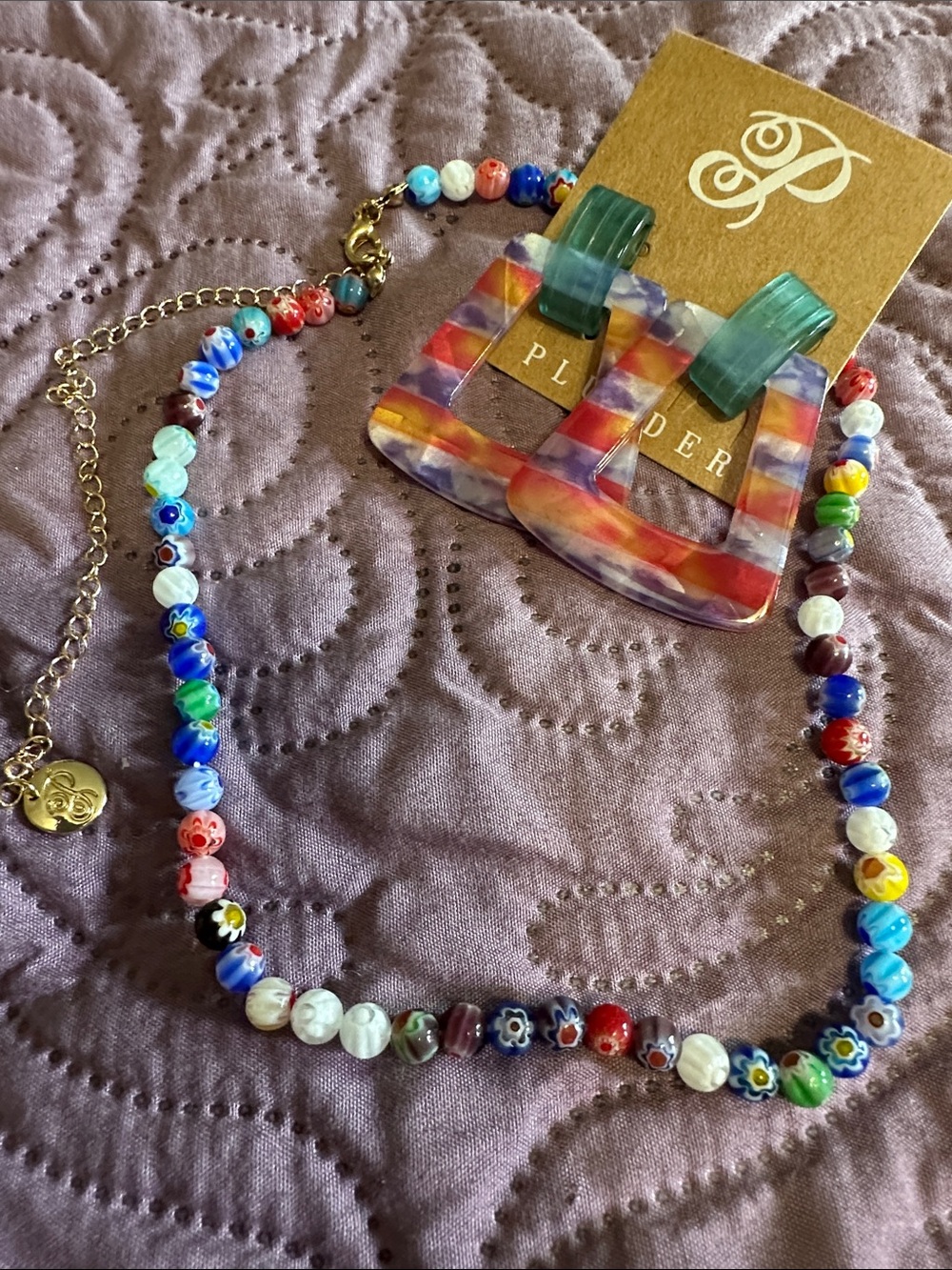 Colorful Beaded glass Necklace with Gold Charm & earrings